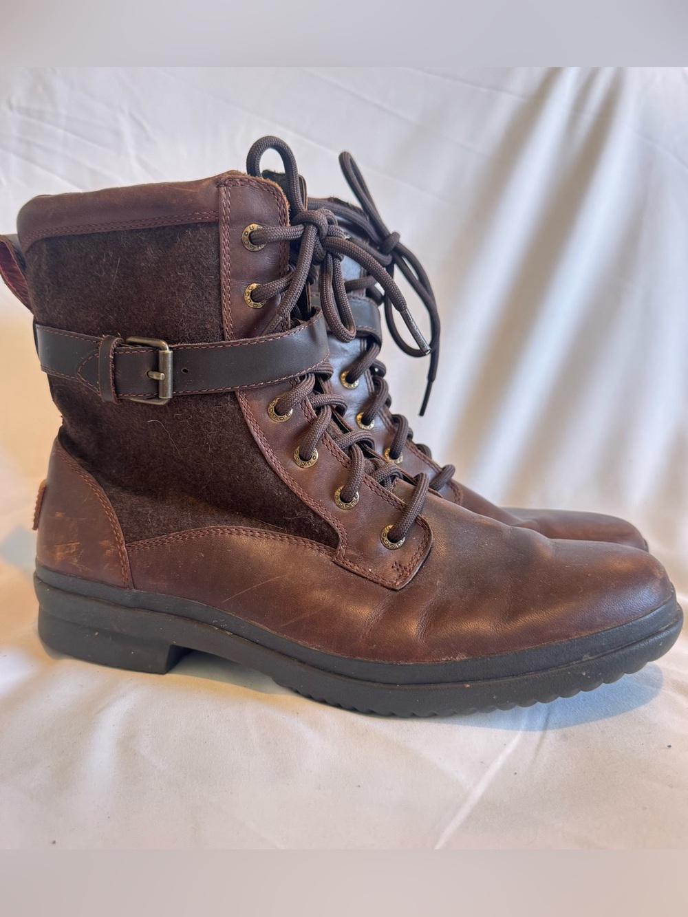 UGG Kesey Womens Sz 10 Chestnut Brown Leather Waterproof Wool Lace Up Boots